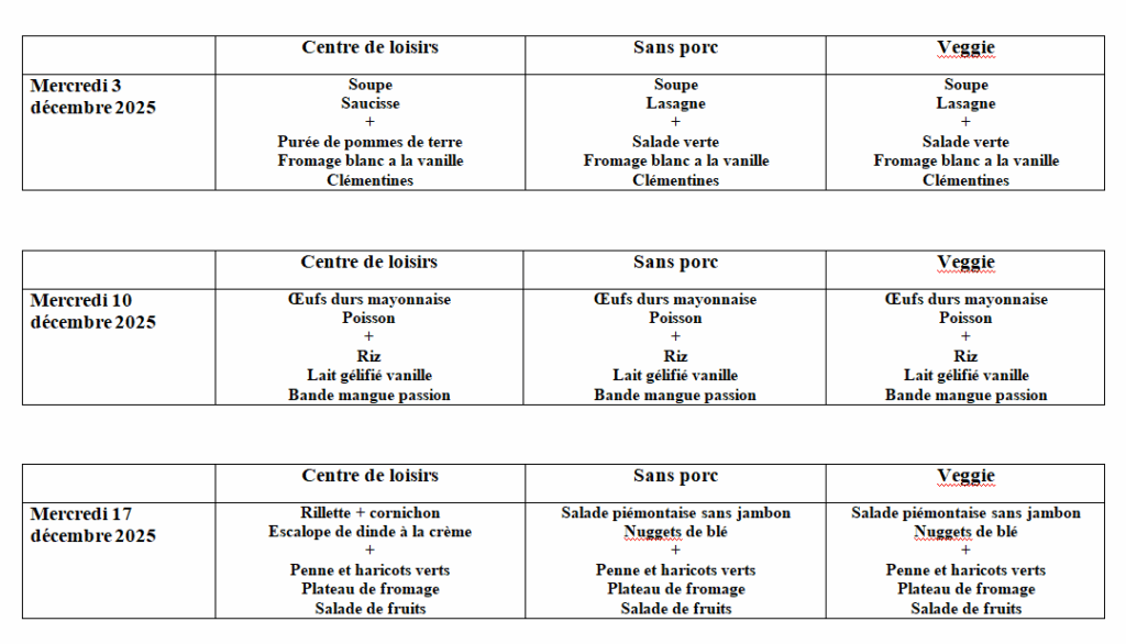 Menus centre de loisirs